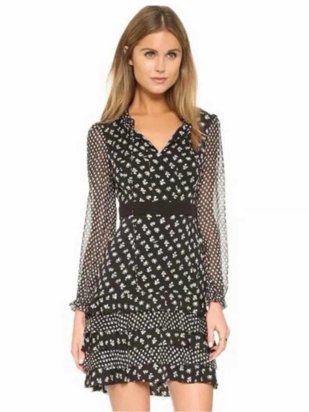 Diane Von Furstenberg Black Floral & Dot Long-Sleeve Ruffle Dress